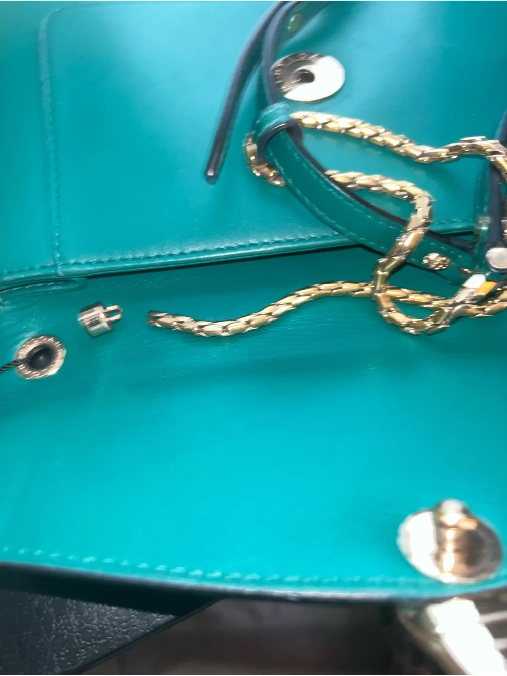 Elegant Green Leather Crossbody with BROKEN Gold Chain and Serpent Clasp - Picture 4 of 9